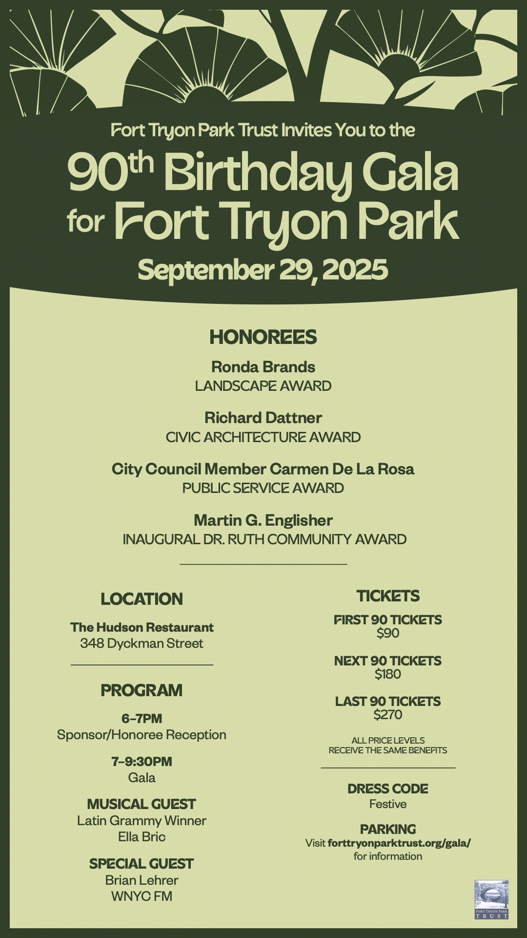 You are invited to the 90th Birthday Gala at Fort Tryon Park